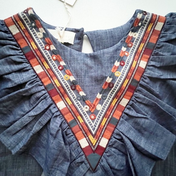 NWT Souk Indigo Hand Embroidered Chambray Top Ruffle V Neck 3/4 Sleeve Pull Over - Picture 3 of 11